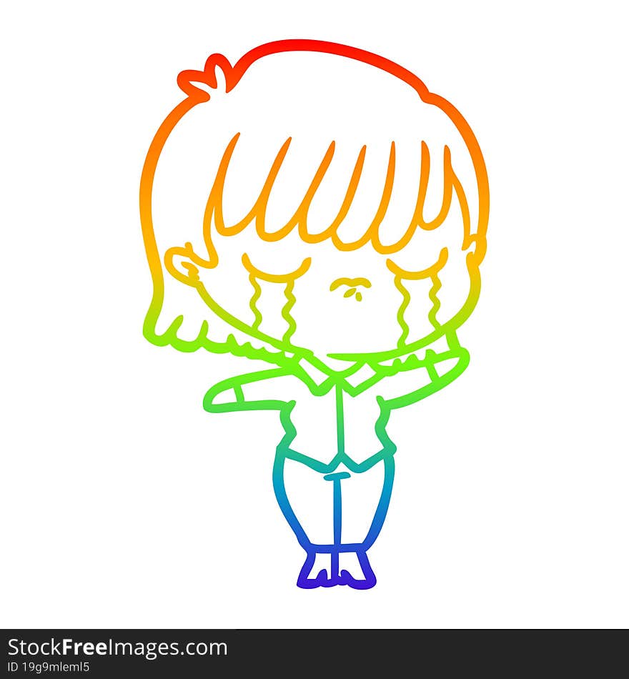 rainbow gradient line drawing of a cartoon woman crying