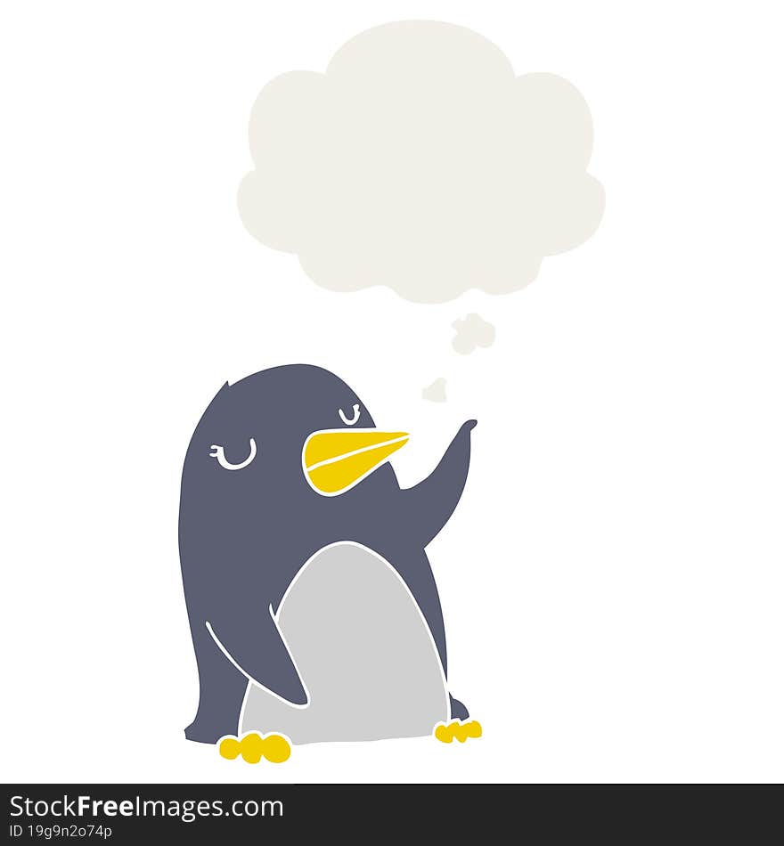 cartoon penguin and thought bubble in retro style