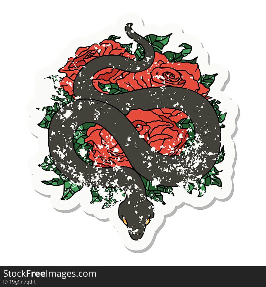 traditional distressed sticker tattoo of a snake and roses