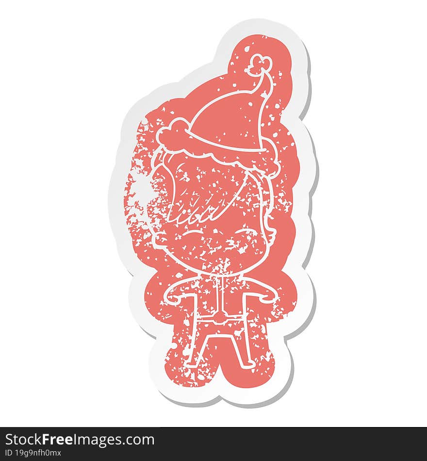 cartoon distressed sticker of a girl wearing futuristic clothes wearing santa hat