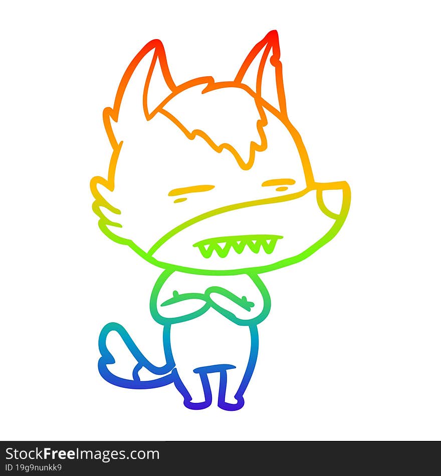 rainbow gradient line drawing of a cartoon wolf showing teeth