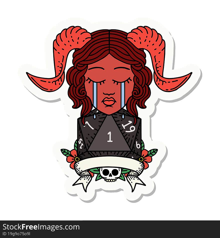 sticker of a crying tiefling face with natural one d20. sticker of a crying tiefling face with natural one d20