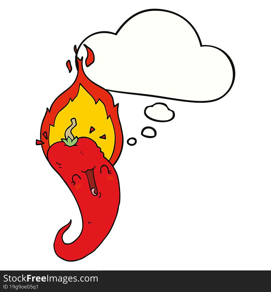 cartoon flaming hot chili pepper and thought bubble