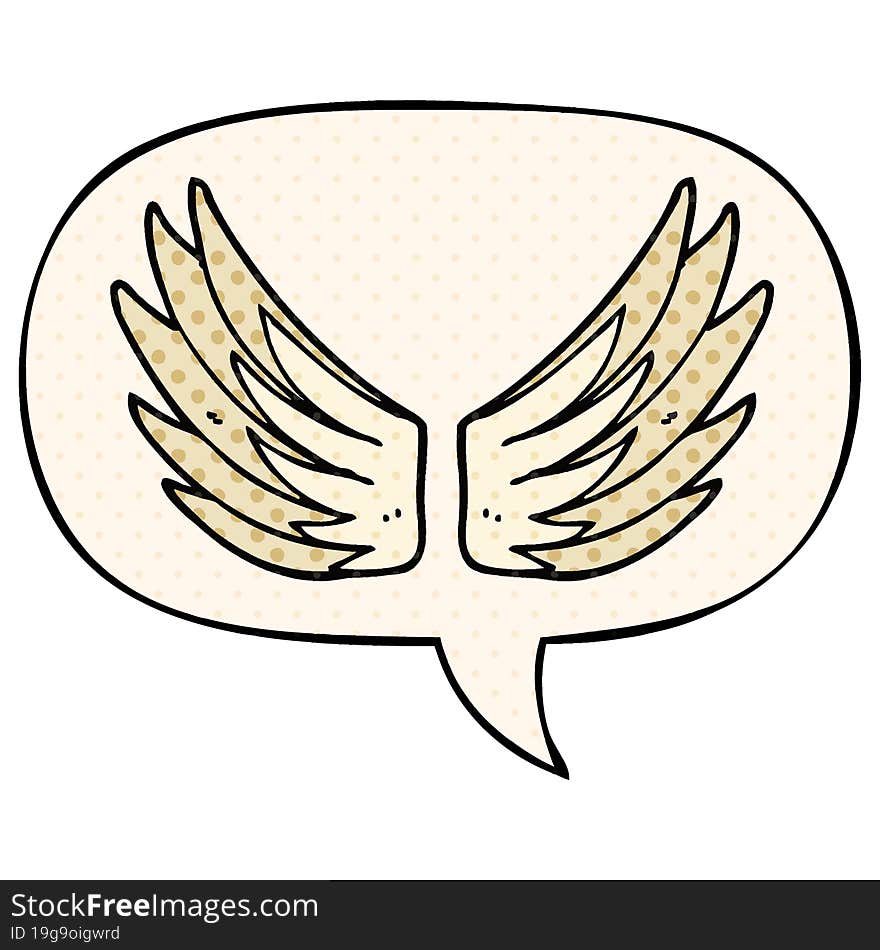 cartoon wings symbol and speech bubble in comic book style