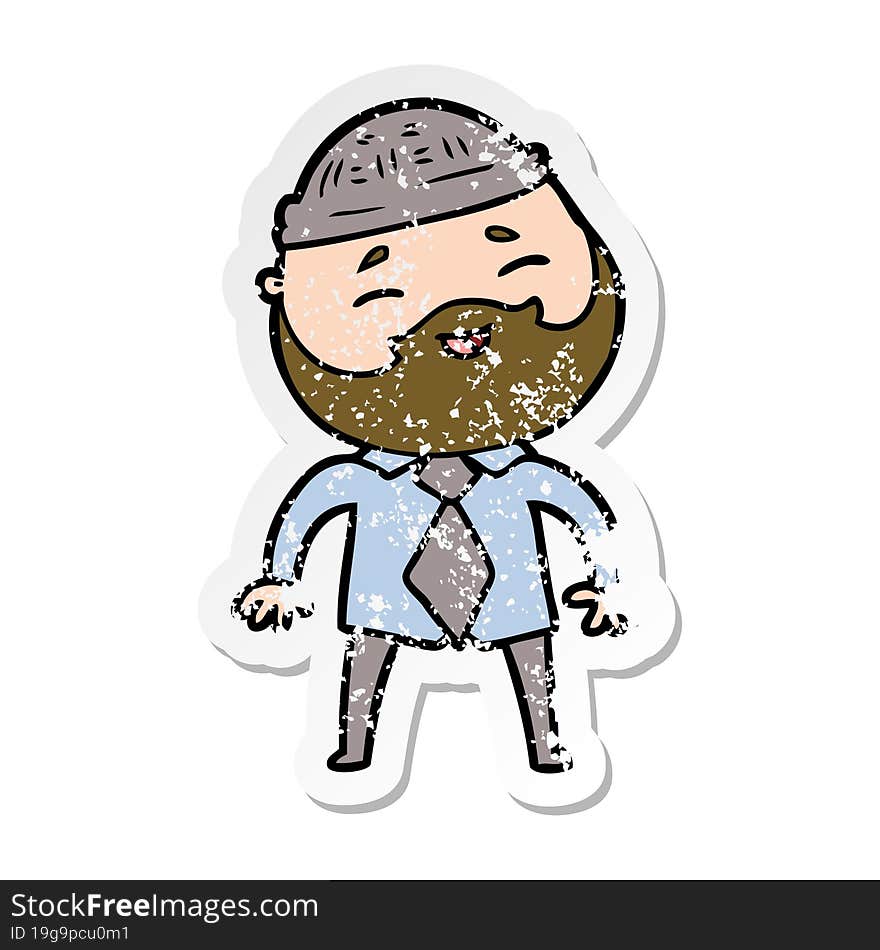 distressed sticker of a cartoon happy bearded man