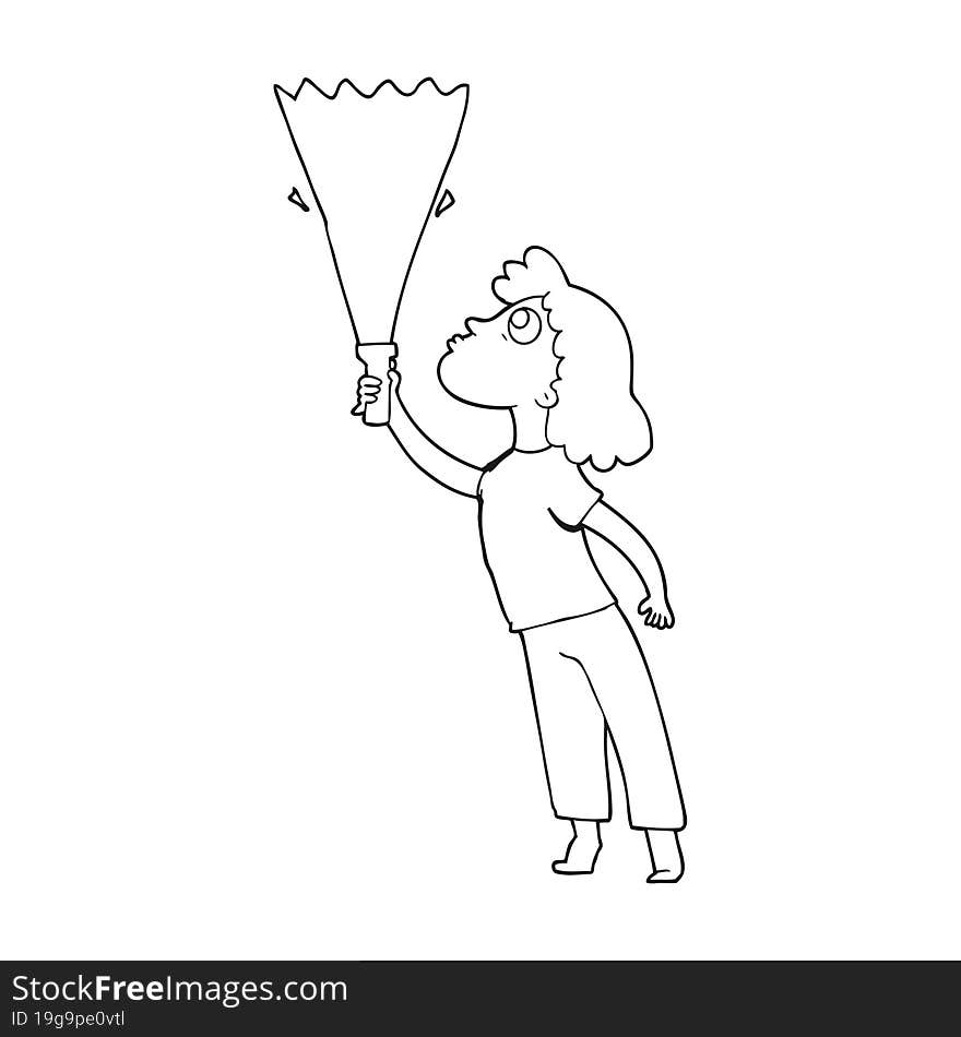 black and white cartoon woman searching with torch