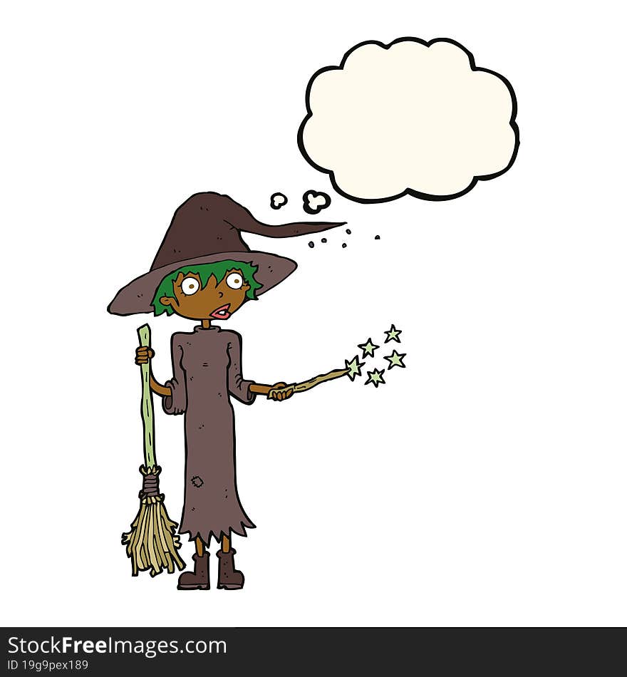 cartoon witch casting spell with thought bubble