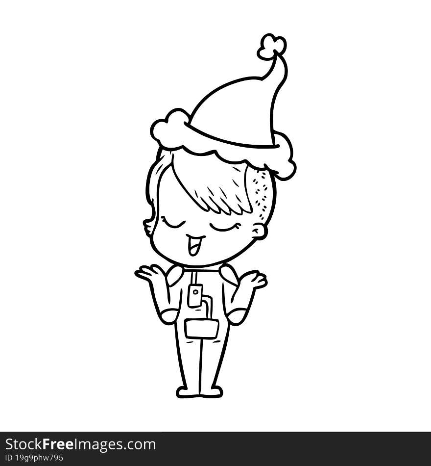 Happy Line Drawing Of A Girl In Space Suit Wearing Santa Hat