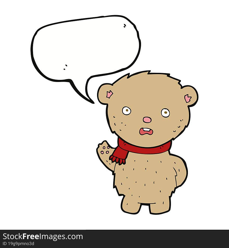 cartoon teddy bear wearing scarf with speech bubble