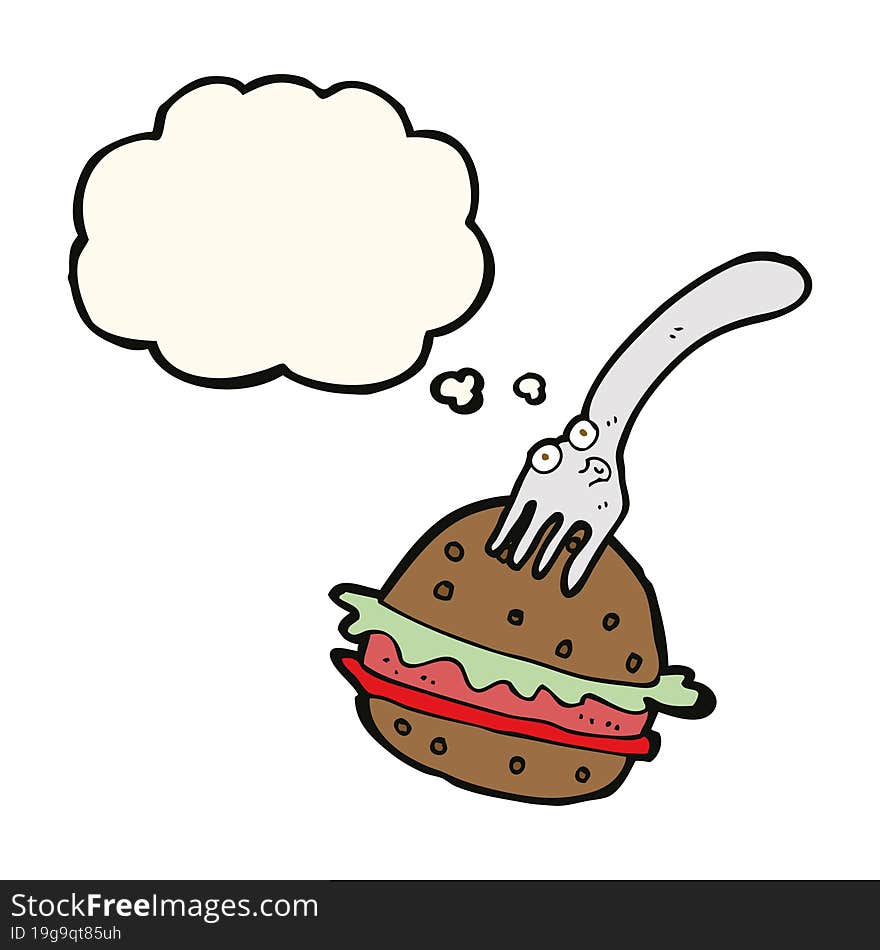 cartoon fork and burger with thought bubble