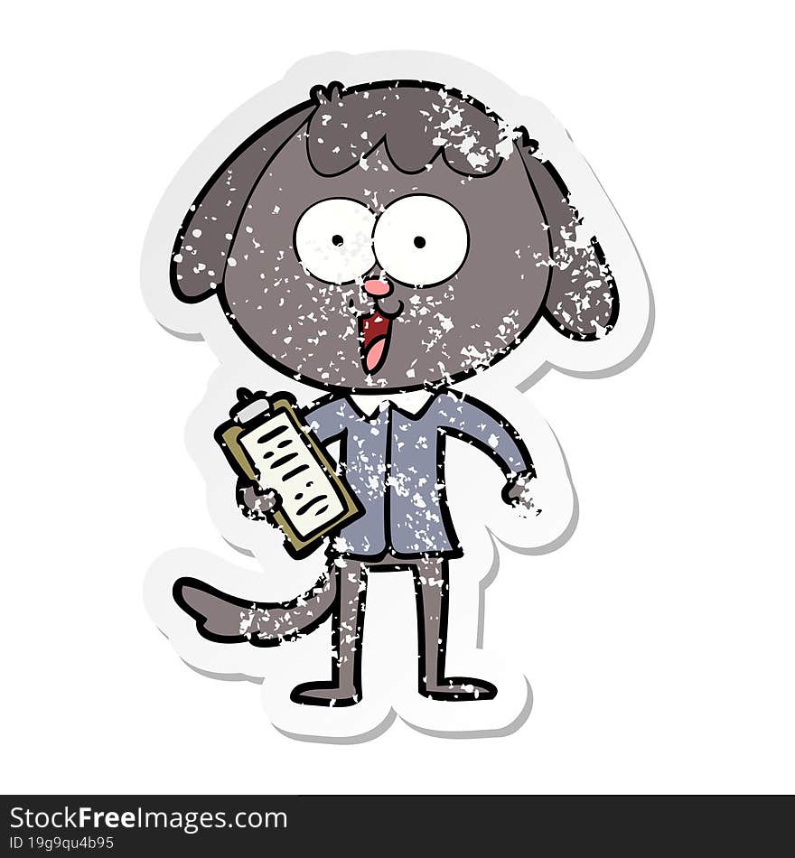 distressed sticker of a cute cartoon dog wearing office shirt