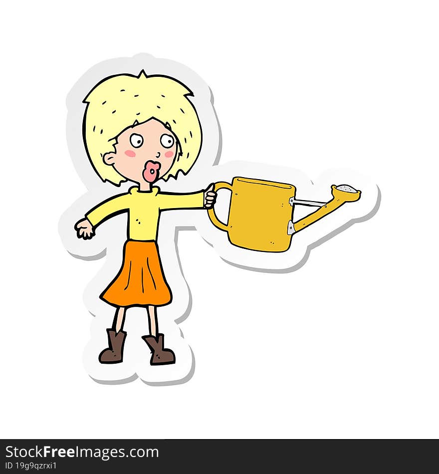 sticker of a cartoon woman with watering can