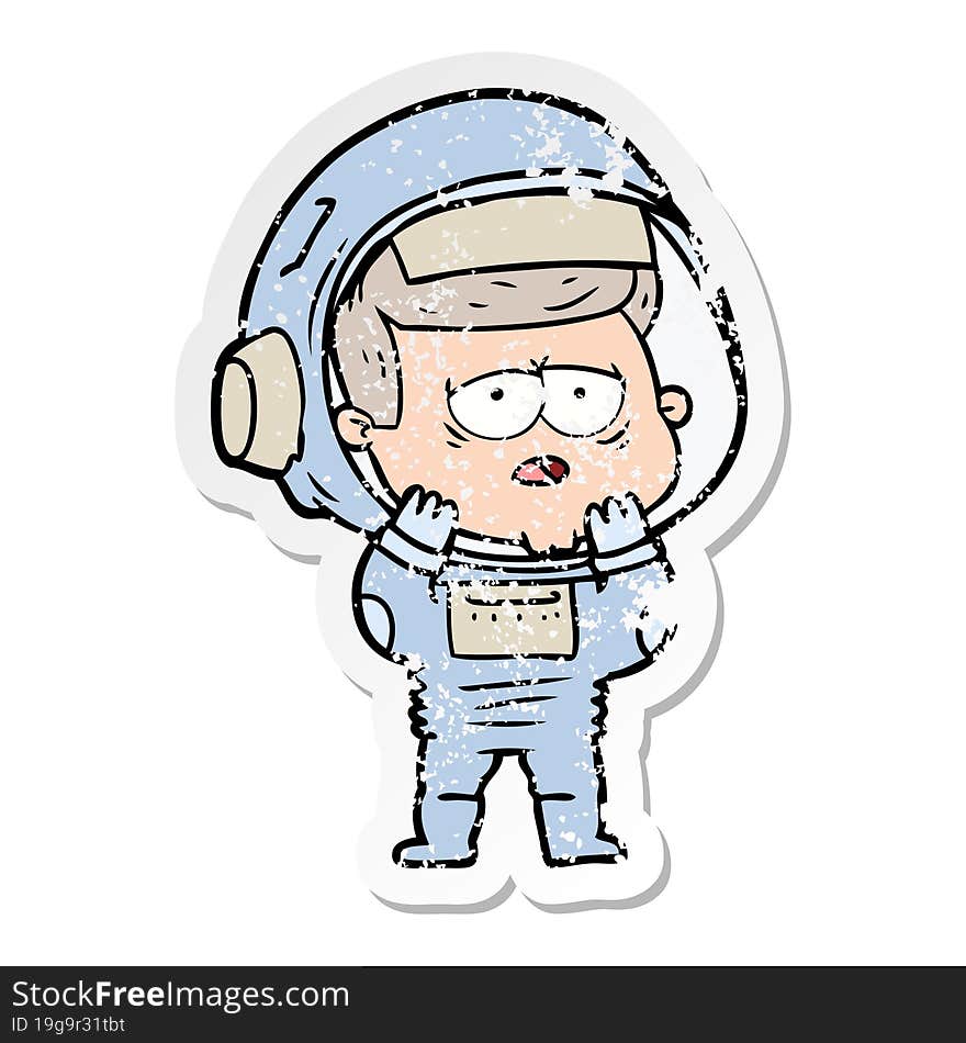 distressed sticker of a cartoon tired astronaut