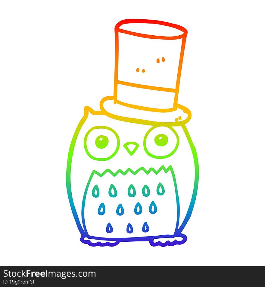 rainbow gradient line drawing cartoon owl wearing top hat