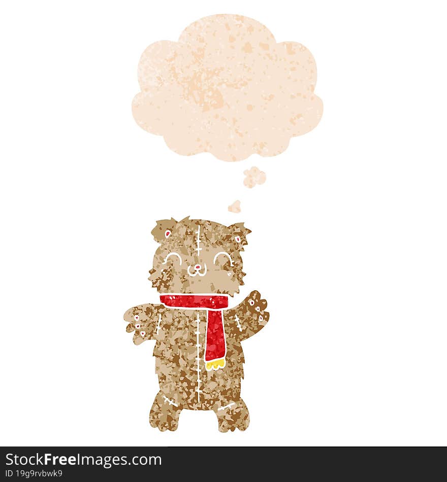 cartoon teddy bear and thought bubble in retro textured style