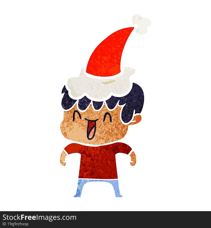 hand drawn retro cartoon of a laughing boy wearing santa hat