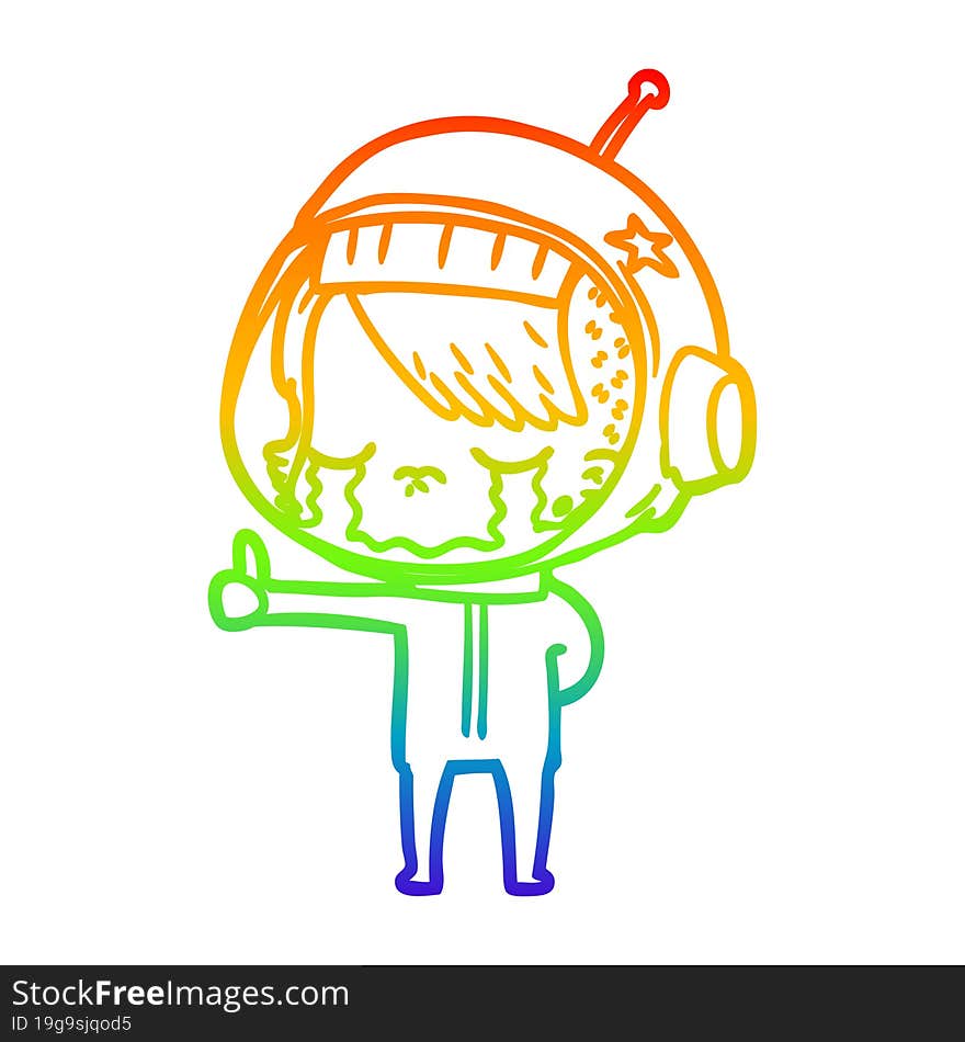 rainbow gradient line drawing cartoon crying astronaut girl making thumbs up sign