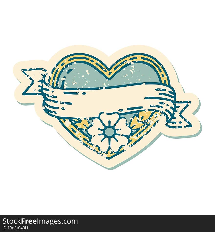 Distressed Sticker Tattoo Style Icon Of A Heart And Banner With Flowers