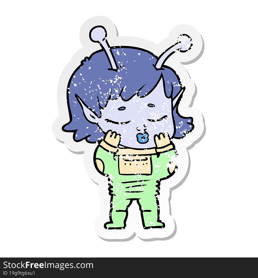 distressed sticker of a cartoon alien girl