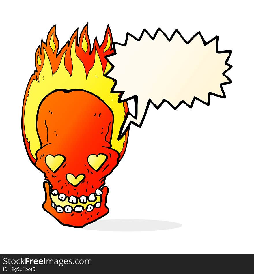 cartoon flaming skull with love heart eyes with speech bubble