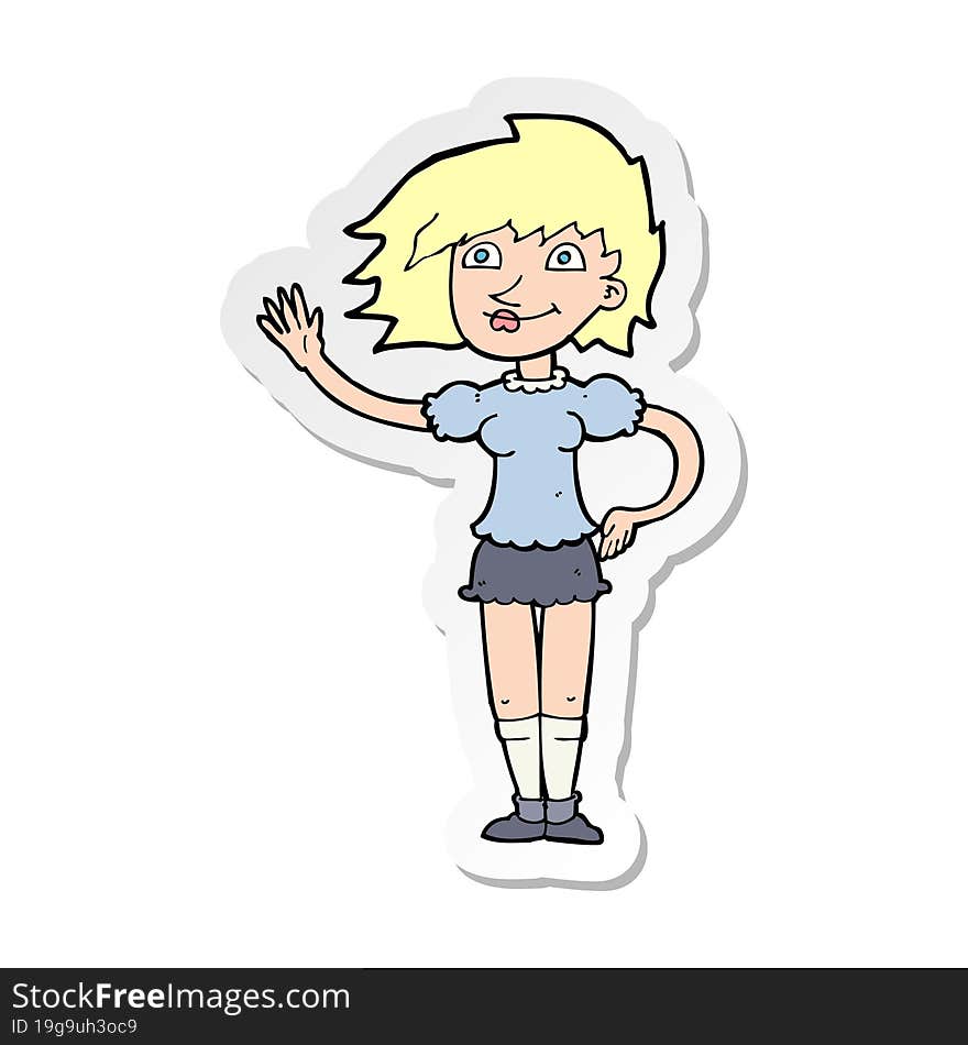 sticker of a cartoon woman waving