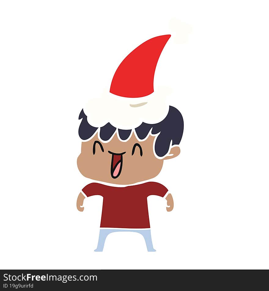 hand drawn flat color illustration of a laughing boy wearing santa hat