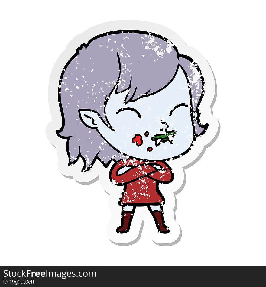 Distressed Sticker Of A Cartoon Vampire Girl With Blood On Cheek