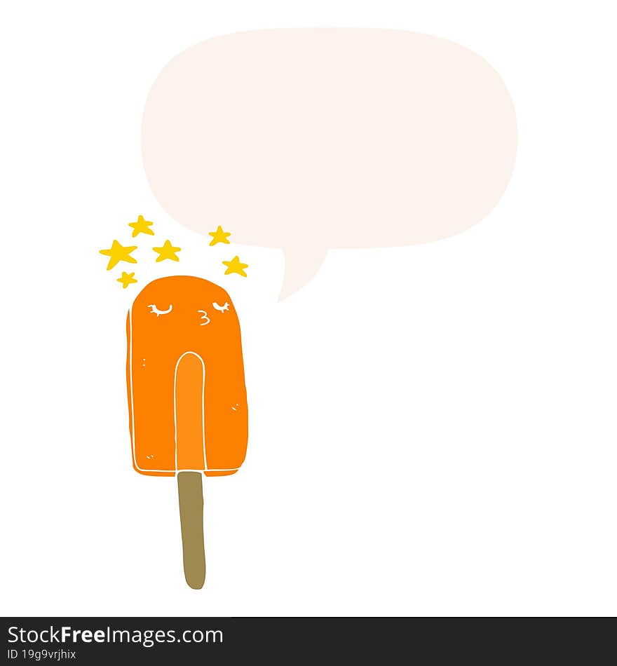 cartoon ice lolly and speech bubble in retro style