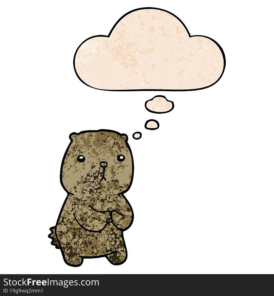 Cartoon Worried Bear And Thought Bubble In Grunge Texture Pattern Style