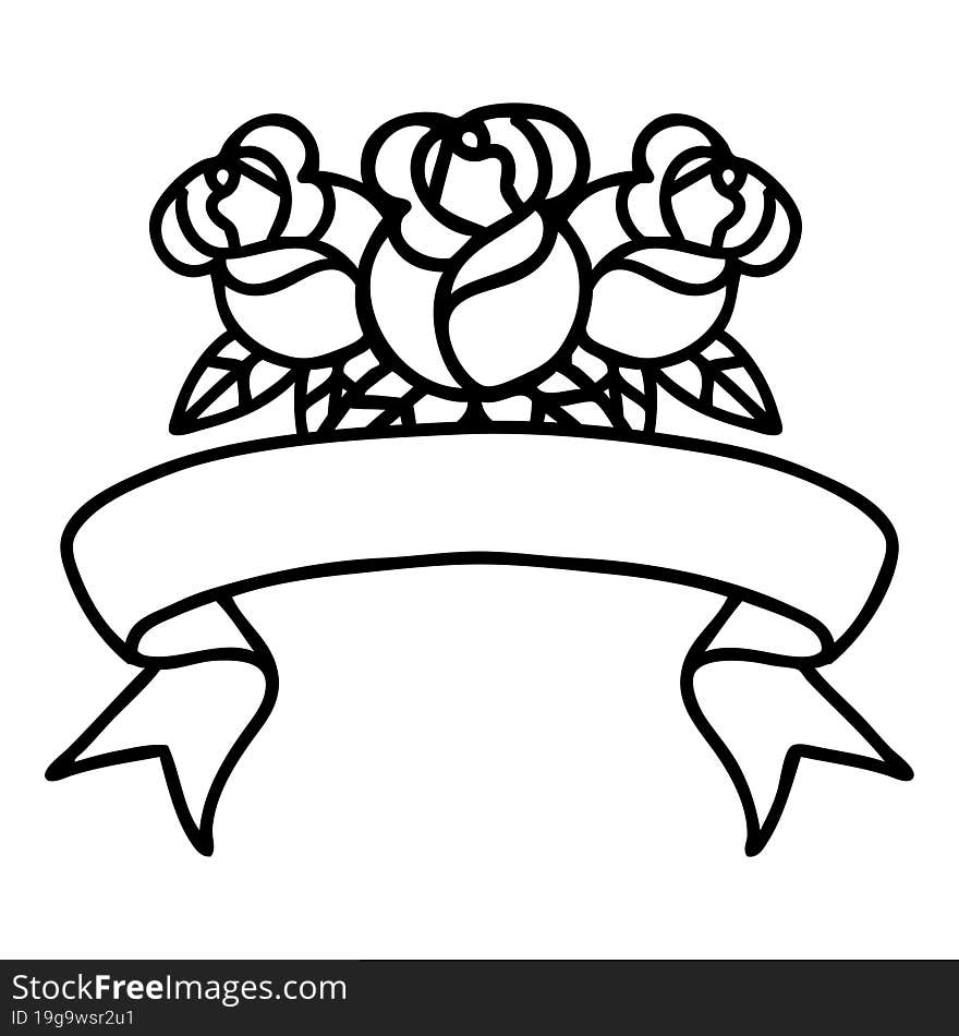 black linework tattoo with banner of a bouquet of flowers