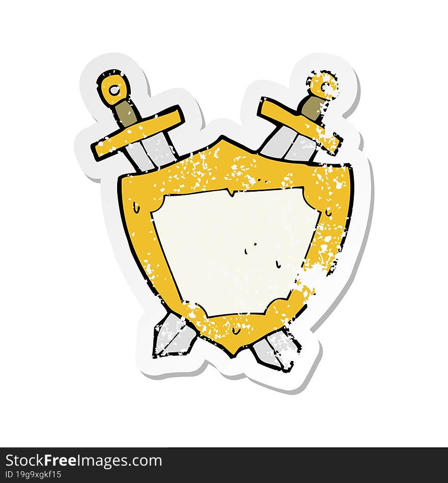 retro distressed sticker of a cartoon shield and swords