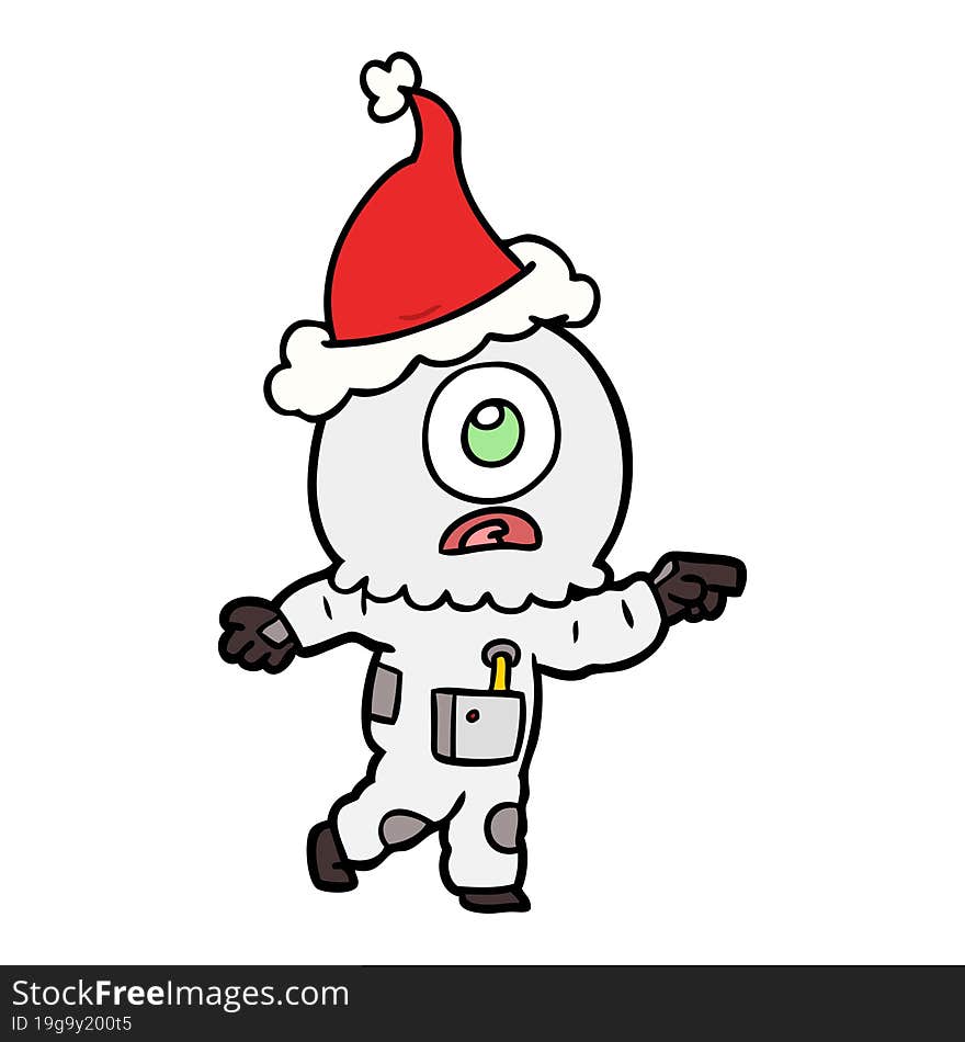 line drawing of a cyclops alien spaceman pointing wearing santa hat