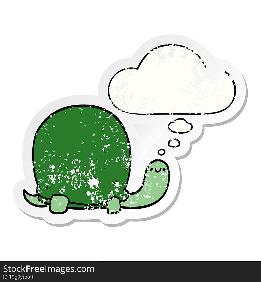 cute cartoon tortoise with thought bubble as a distressed worn sticker