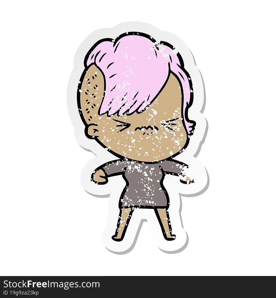 distressed sticker of a cartoon annoyed hipster girl