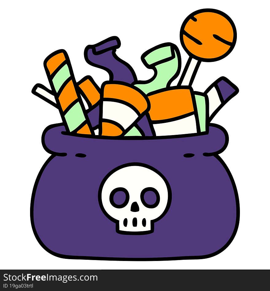 cartoon of a halloween candy bag full of treats. cartoon of a halloween candy bag full of treats