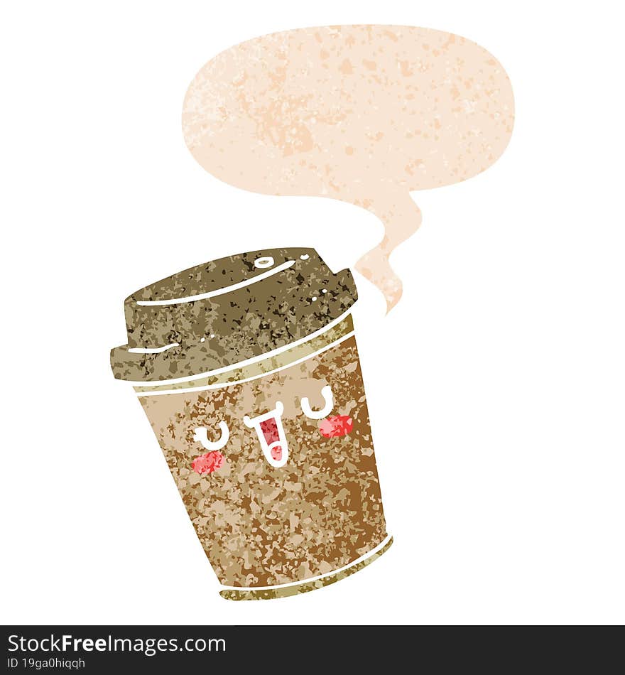 cartoon take out coffee and speech bubble in retro textured style