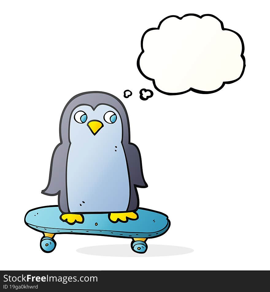 thought bubble cartoon penguin riding skateboard