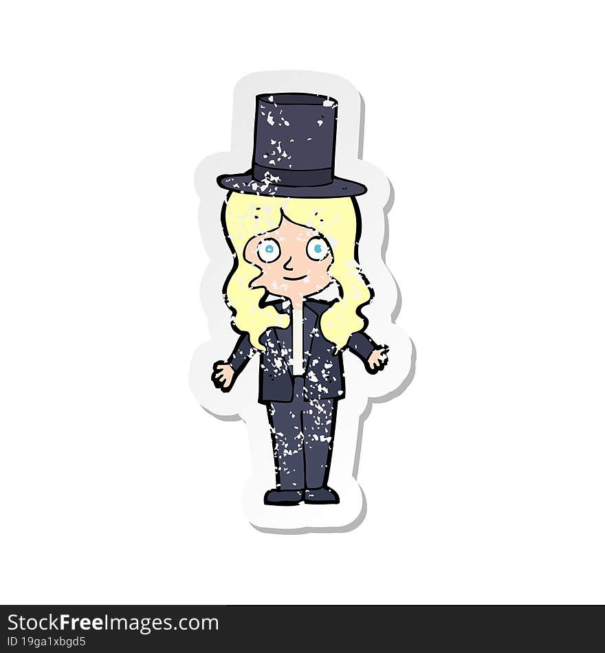 retro distressed sticker of a cartoon woman wearing top hat