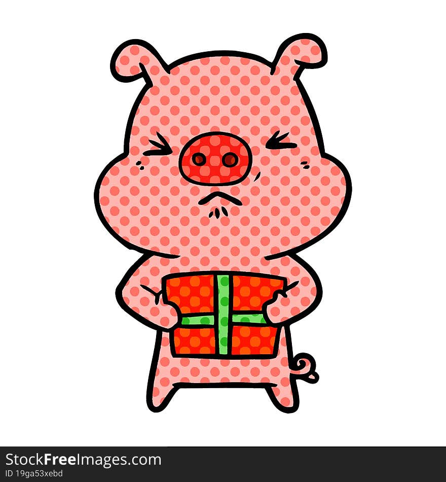 cartoon angry pig with christmas present. cartoon angry pig with christmas present