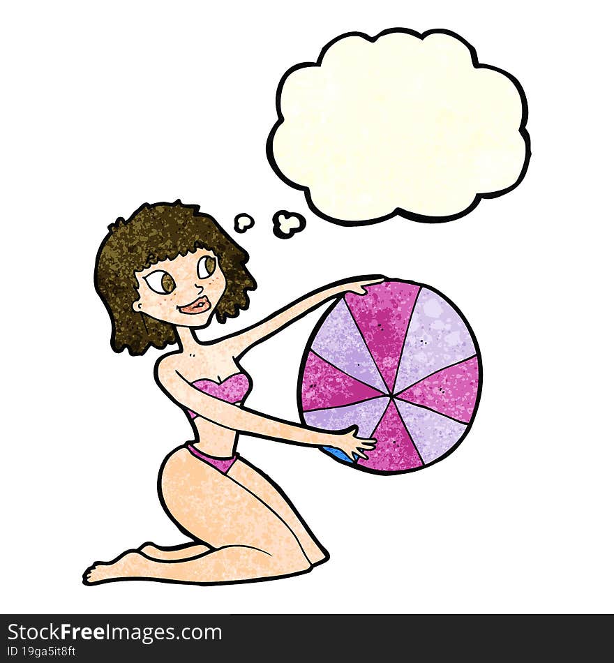 cartoon bikini girl with beach ball with thought bubble