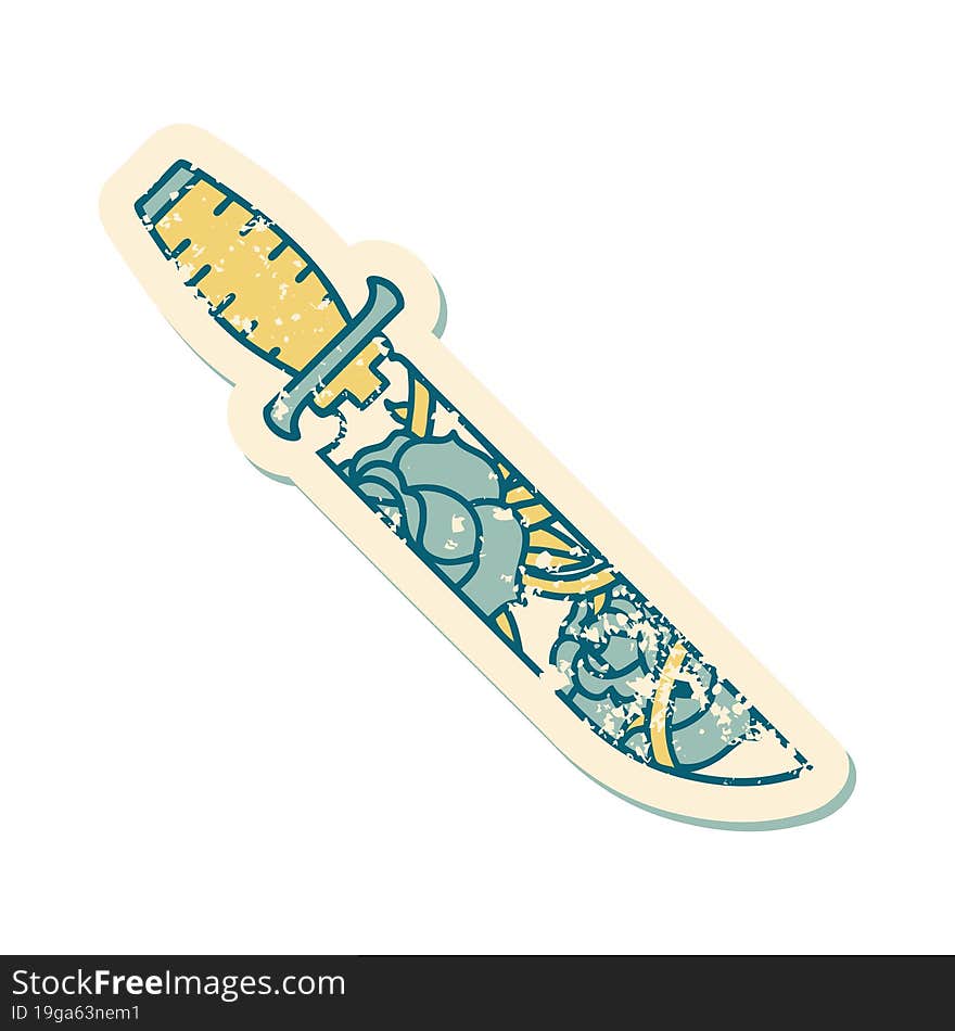 Distressed Sticker Tattoo Style Icon Of A Dagger And Flowers