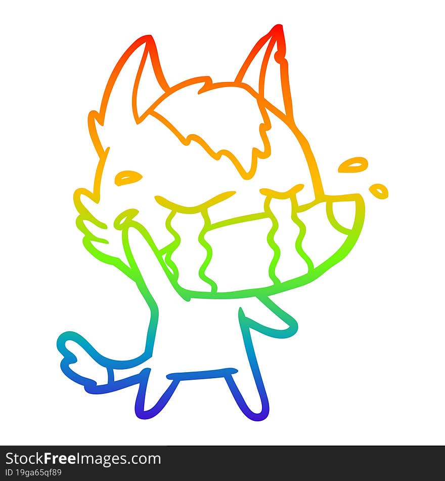 rainbow gradient line drawing of a cartoon crying wolf