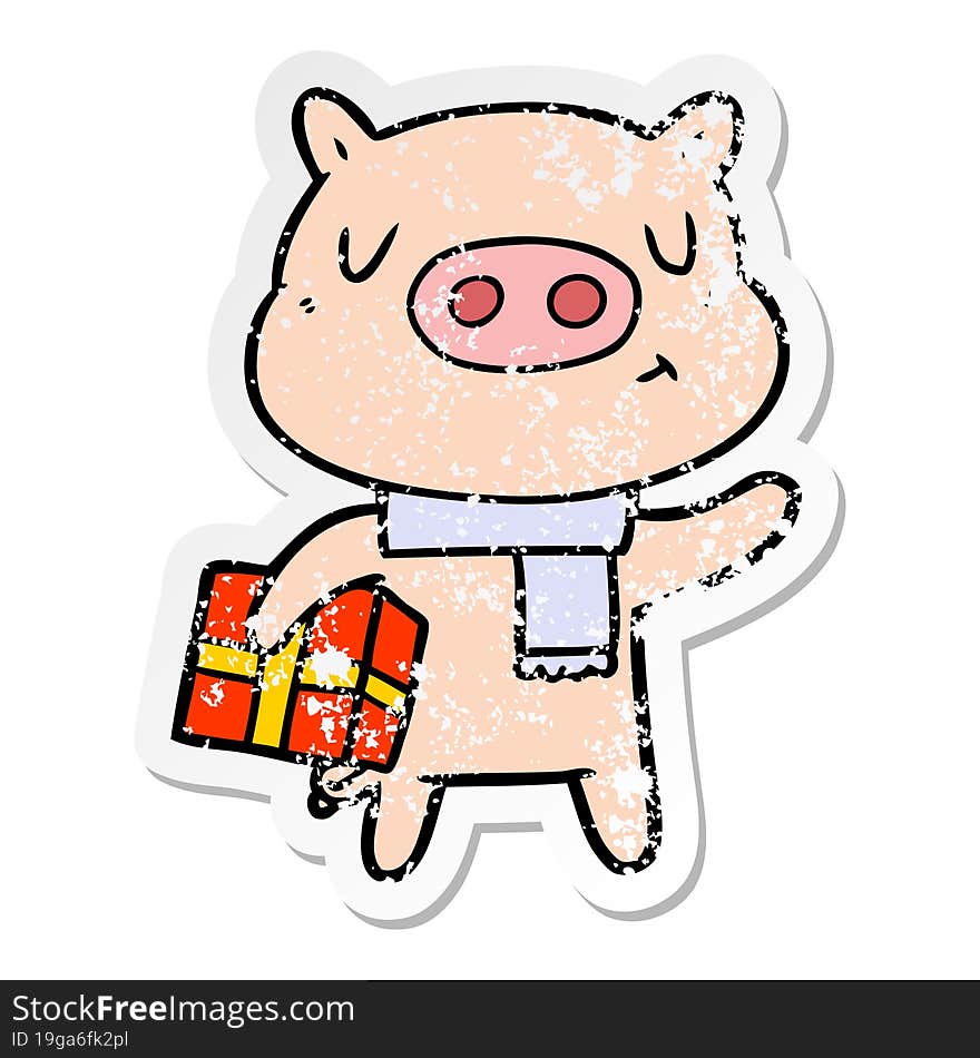 distressed sticker of a cartoon christmas pig