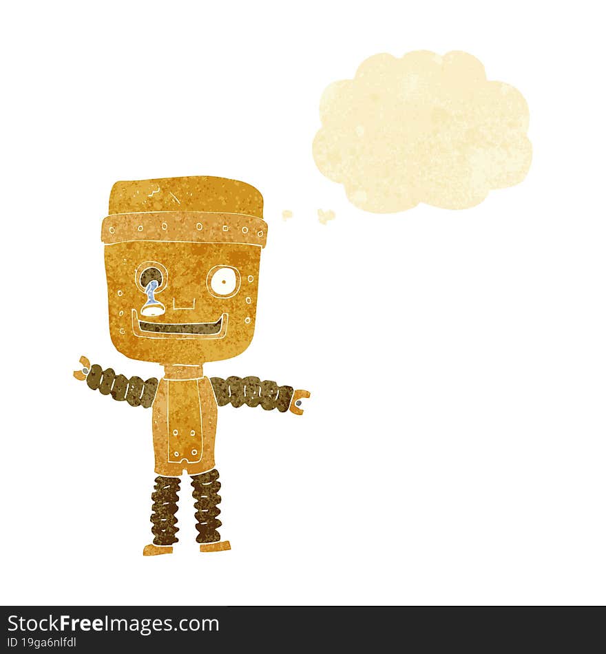 cartoon funny gold robot with thought bubble