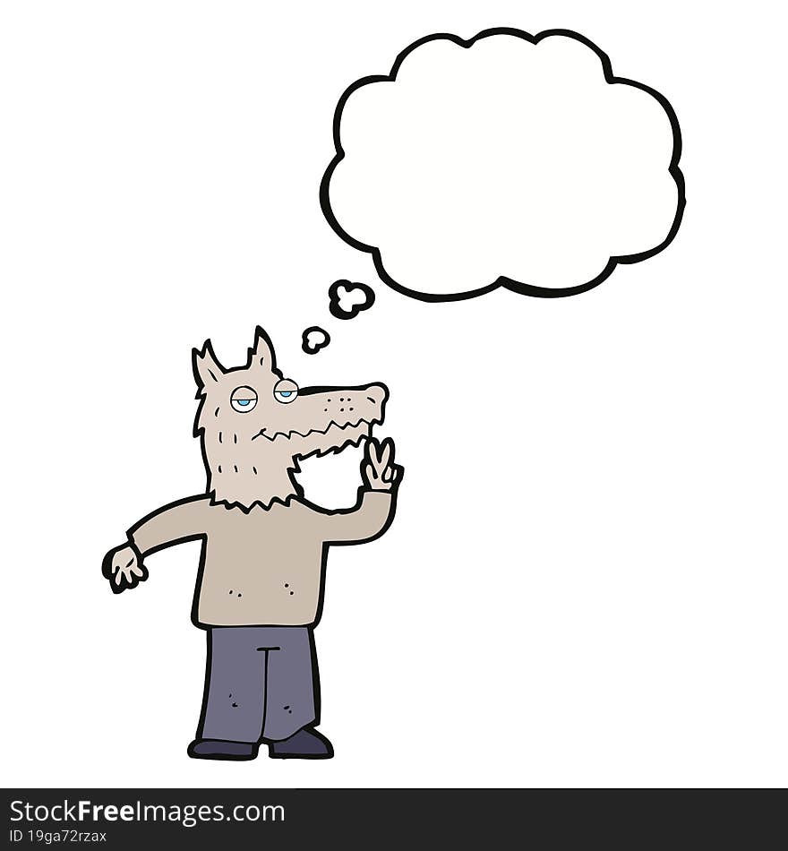 cartoon happy wolf man with thought bubble