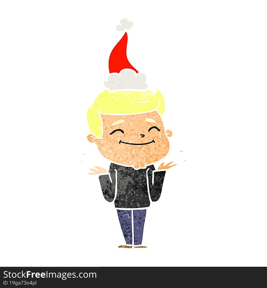 happy retro cartoon of a man shrugging wearing santa hat