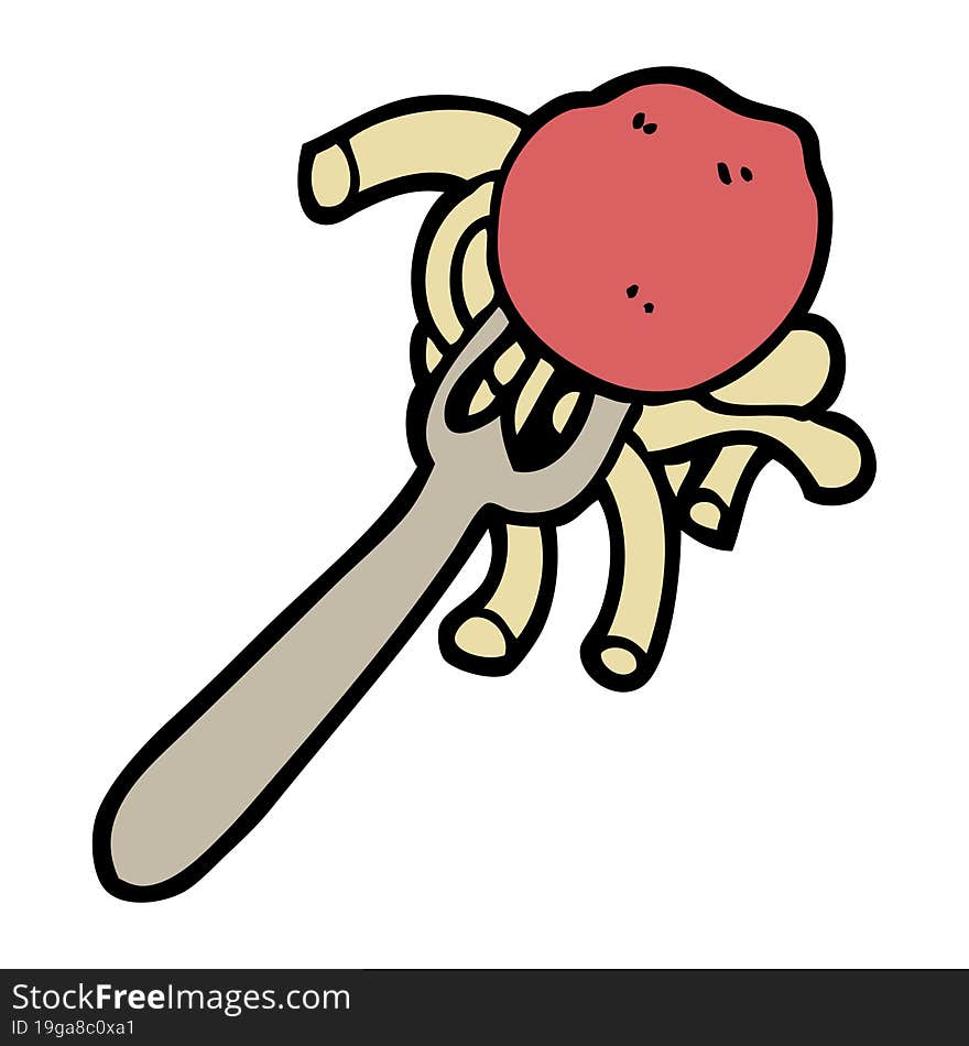 hand drawn doodle style cartoon spaghetti and meatballs on fork