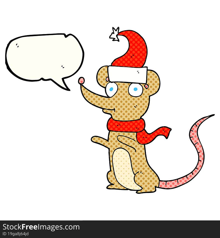 freehand drawn comic book speech bubble cartoon mouse wearing christmas hat