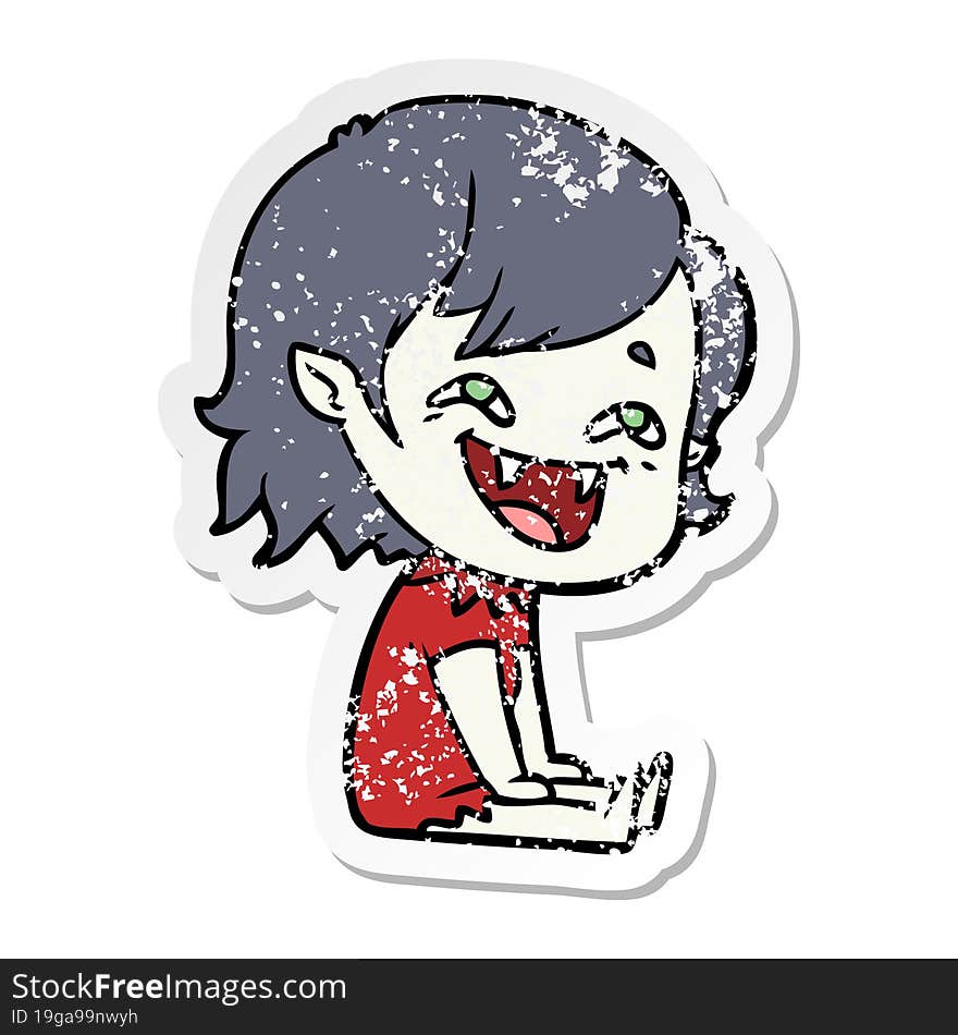 distressed sticker of a cartoon laughing vampire girl