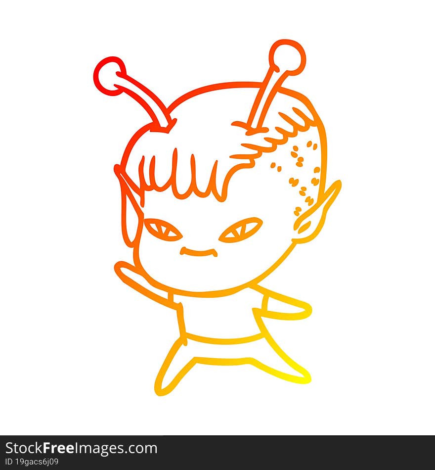 warm gradient line drawing of a cute cartoon alien girl